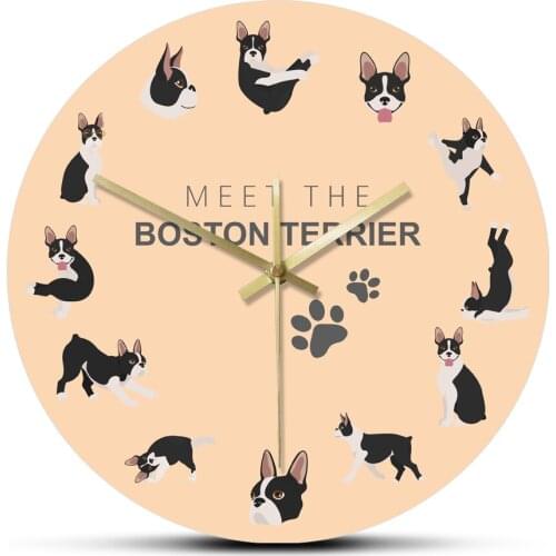 Healthy Rounded Acrylic Boston Terrier Dog Wall Clock Boxwood Puppy Yoga Poses Clocks Wall Home Decor Modern Design Boston Bull