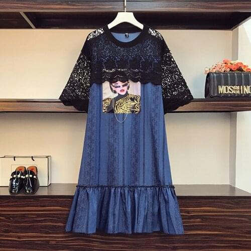 EHQAXIN Summer Plus Size Womens Dress Fashion Loose Lace Denim Stitching Pleated Straight Dress Female Personality Pattern L-4XL
