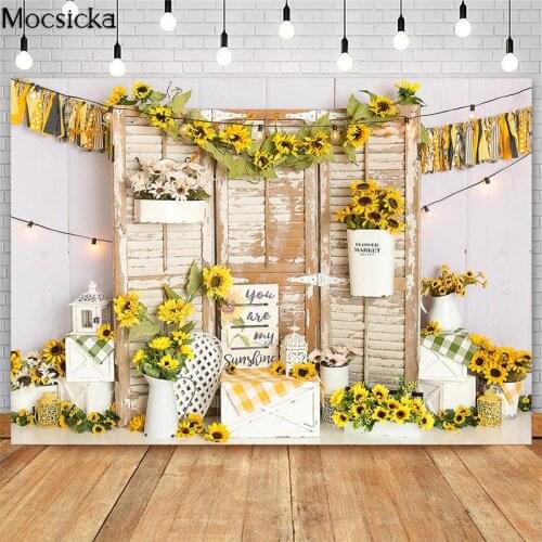 Mocsicka Sunflowers Market Photo Backdrops Retro Wooden Door Decor Cake Smash 1st Birthday Photographic Studio Photo Backgrounds