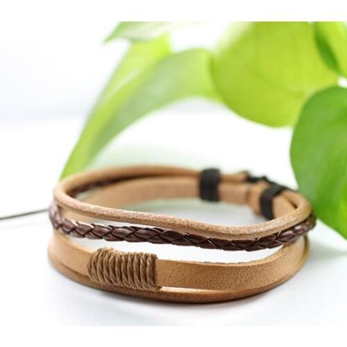 Trendy 6Pcs/set Genuine Leather Bracelets Men Multilayer Brown Braided Rope Bracelets for Male Female Bracelets Jewelry J9