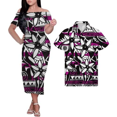 HYCOOL Fashion Ladies Half Shoulder Long Bodycon Dresses Polynesian Hibiscus Design Women Plus Size Clothes Couples Match Suits