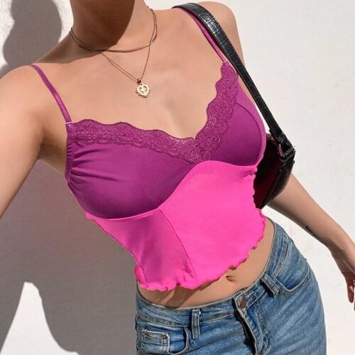 Fashion Slim Womens Sling Pink Lace Stitching Nightclub Sexy Navel Vest Womens Clothing