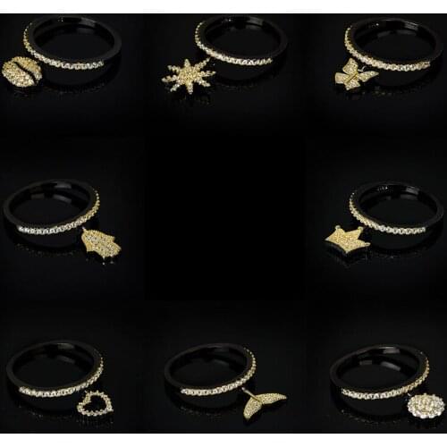 2021 New Micro-Inlaid Zircon Pendant Ring Female Personality Black Gold Two-Tone Fine Fashion Ring Reception Engagement Jewelry