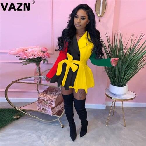 VAZN New Fashion Mujer Chic Ladies Slim Elegant Turn Down Collar Dress 2020 Full Sleeve Patchwork Lady Dress