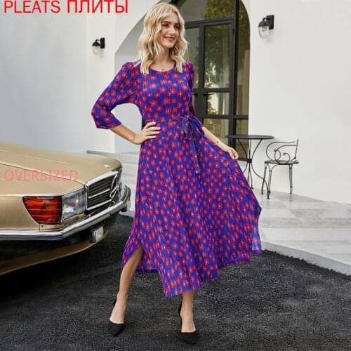 New Temperament Slim Round Neck Fashion Floral Dress Female Pleated Waist Big Swing Mid-length Dress MIYAKE Pleats De Mujer