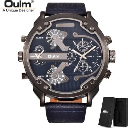 Oulm Classic Multiple Time Zone Mens Watches Super Big Dial Male Sport Watch Luxury Brand Casual Leather Quartz Watch