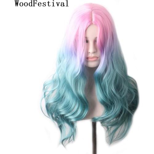 WoodFestival Rainbow Curly Synthetic Wig Female Cosplay Wigs For Women Long Hair Colored Pink Red Blue Green Black Blonde Brown