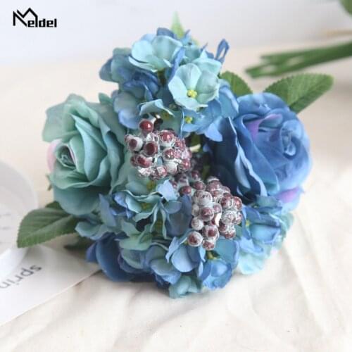 Sapphire Artificial Flowers Rose Hydrangea Bouquet Fake Rose Flores Bridal Bouquet Wedding Table Autumn Home Room Decor Flowers