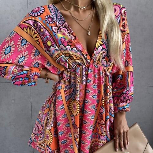 Vintage Punk Boho Floral Bandage Dress Women Sexy V-Neck Batwing Sleeve Mini Dresses 2021Fashion Summer Party Lady Beach Dresses