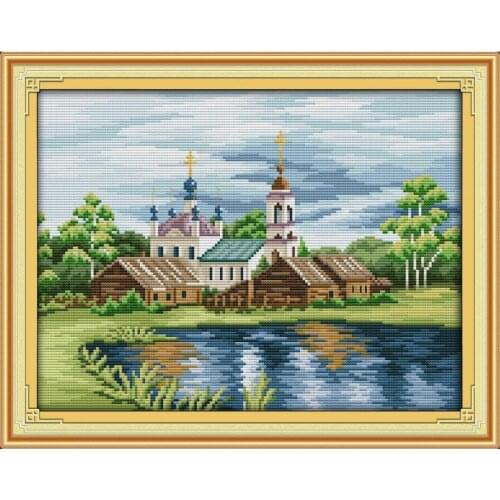 Joy Sunday Cross Stitch Landscape Green Lake Reflected Color Handmade Cross Stitch Embroidery Needlework Livingroom Decoration