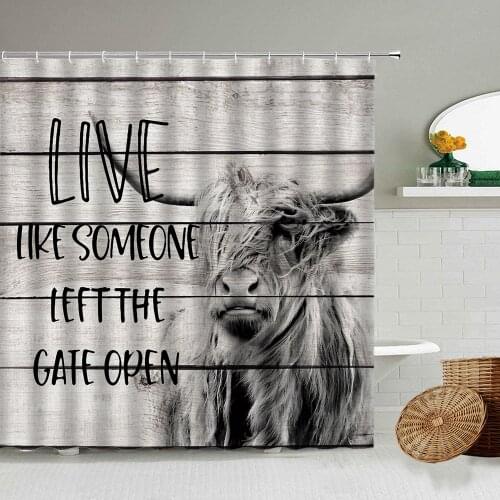 Highland Cattle Animal Shower Curtain Rustic Wooden Board Country Farmhouse Bathroom Wall Decoration Waterproof Polyester Screen