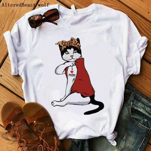 Cat Mama Tshirt Women Harajuku Leopard Print Bandana I Love Mom T Shirt Vogue 90s Summer O-neck T-shirt Fashion Top Tees Female
