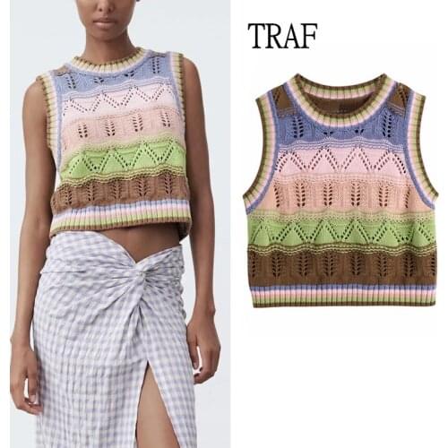 TRAF Za Women Knit Sweater Vest 2021 Autumn Vintage Print Y2K Jumpers O Neck Casual Loose Sleeveless Sweater Women Pullover Tank