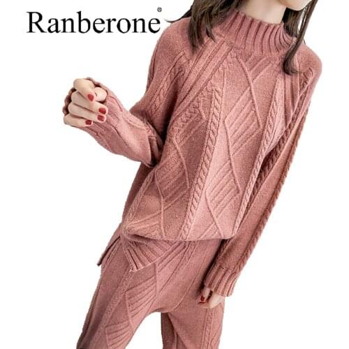 Ranberone Winter Thicken Women Harem Two Piece Set Twisted Knitted Retro Warm Sweater Trousers Female Solid Color 2020