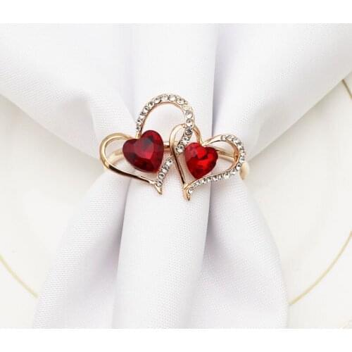 10pcs/lot Red Double Love Napkin Ring Diamond Metal Napkin Ring Wedding Party Tableware Napkin Button Desktop Decoration