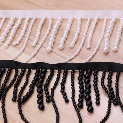 2Yards/Lot White Black Silk Tassel Fringe Trim Pearl Beaded Lace Ribbon Lace Trim Embroidery Lace Fabric Materials Beaded Fringe