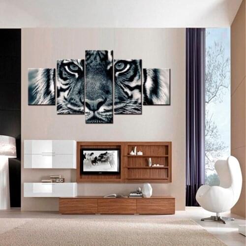 5 Panels Modern Distinctive Black White Animal Tiger Lion Face HD Photography Art Canvas Print Painting Poster Wall Pictures