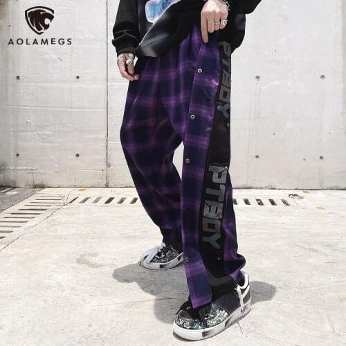 Aolamegs Sweatpants Men Plaid Patchwork Reflective Letter Drawstring Pants Loose Hip Hop High Street Trousers Autumn Streetwear