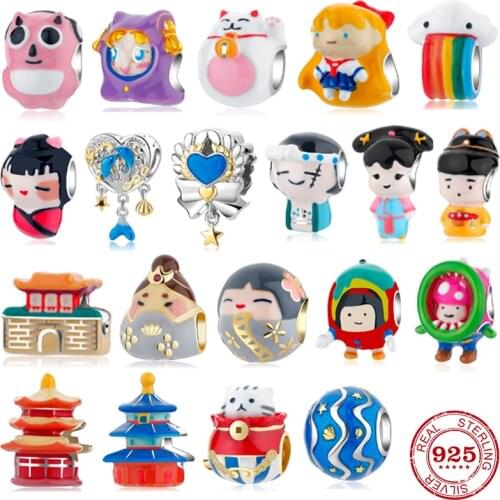 Authentic 925 Sterling Silver Festive culture Good luck carp Lucky cat Pendants tradition Beads Jewerly fits Original Bracelet