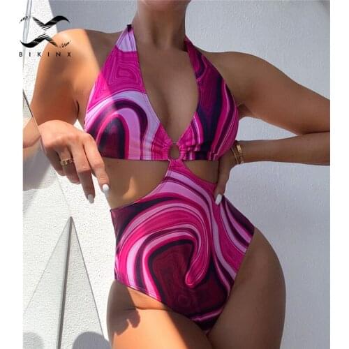 Halter one piece suit Ring swimsuit womens swimming suit Print monokini High cut swimwear female Sexy bathing suit Beach wear