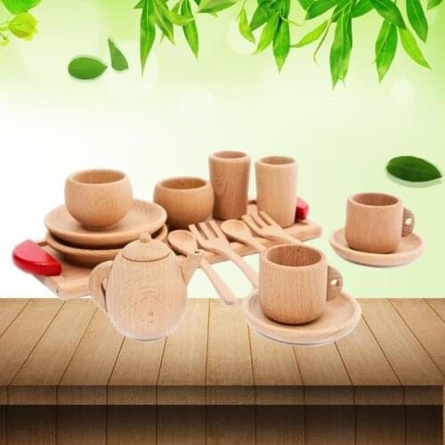 HBB 1Set Wooden Tableware Tools Tea Pot Tea Cup Teatime Party Play Toy Dollhouse Miniature Kitchen Tableware Accessories