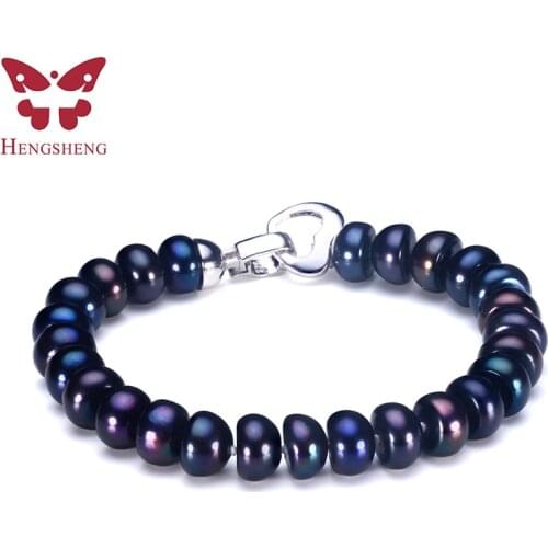 HENGSHENG 2019 New Black Natural Pearl Bracelet For Women,9-9.5 mm Big Bread Round Freshwater Pearl With Cute Love Shape Buckle