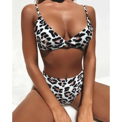 2PCS Women Padded Push Up Leopard Crocodile Stone Print Sleeveless Deep V-neck Bra Tops+High Waist Panties Bikini Sets Swimsuit