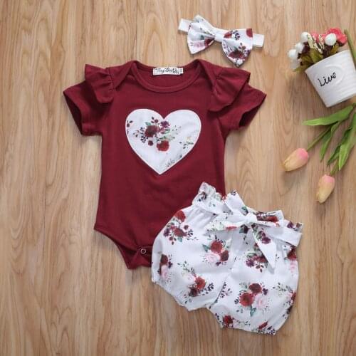 2020 Toddler Baby Girl Spring Summer Clothes Set 3pcs Short Sleeve Bodysuit Tops Floral Shorts Headband Outfits Set 6-24Months
