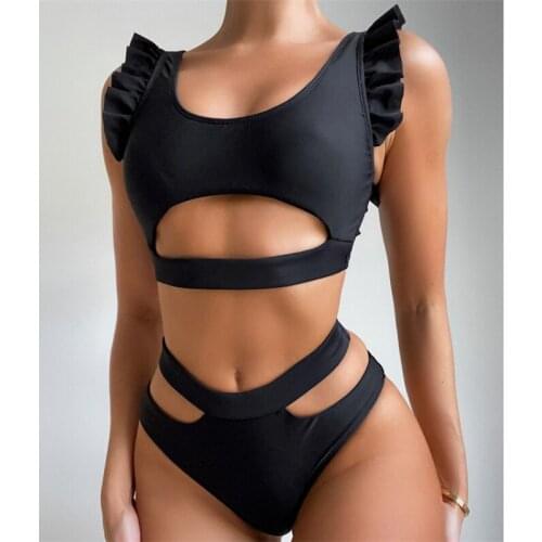High Waist Hollow Out Bikini Swimwear Women Push Up 2021 Summer New Solid Black Ruffle Swimsuit Beachwear Bathing Suit Biquini