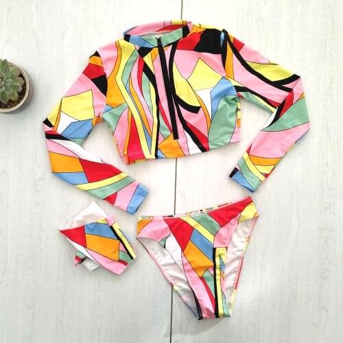 Summer Sexy Women Long Sleeve Floral Print Swimsuits Swimwear Push-up Long Sleeve Top Bikini Set Swimsuit Bathing Suit Beachwear