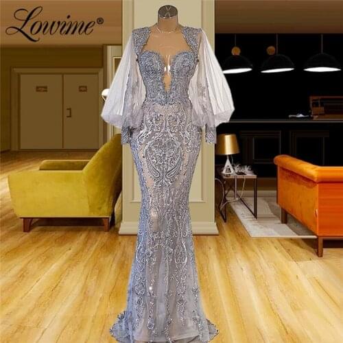 Lowime Arabic Puffy Long Sleeves Evening Dresses Robes Illusion Evening Wear 2021 Mermaid Long Prom Dresses Muslim Party Gowns