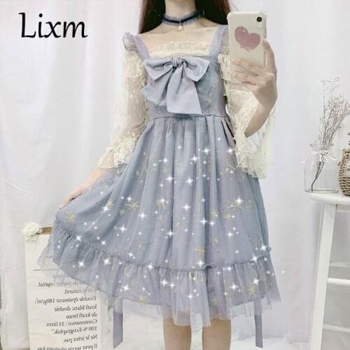 Kawaii Japanese Lolita dress fairy dress soft sister wind cute bow star moon embroidery mesh lolita strap dress