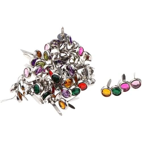 50Pcs Mini Round Rhinestone Head Metal Brads Scrapbook Paper Fastener Brads