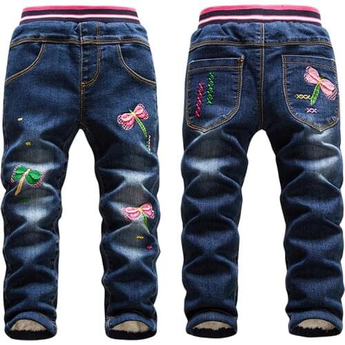 Fashion Winter Warm Jeans for Girls Cute Dragonfly Print Denim Trousers Kids Add Wool Washing Blue Jeans Toddler Skinny Leggings