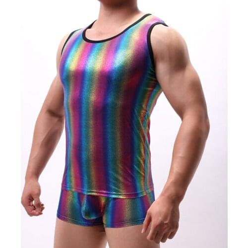 Mens Slim Tight Undershirt Underwear Fashion Rainbow Color Sleeveless Tops Elastic Muscle Undershirts Round Neck Unterhemd