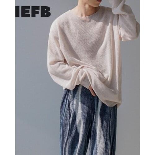 IEFB Mens Wear Spring Summer Lightweight Knitted Base T-shirt Mens Solid Color Long Sleeve Korean Causal Loose Tee Tops 9Y6583