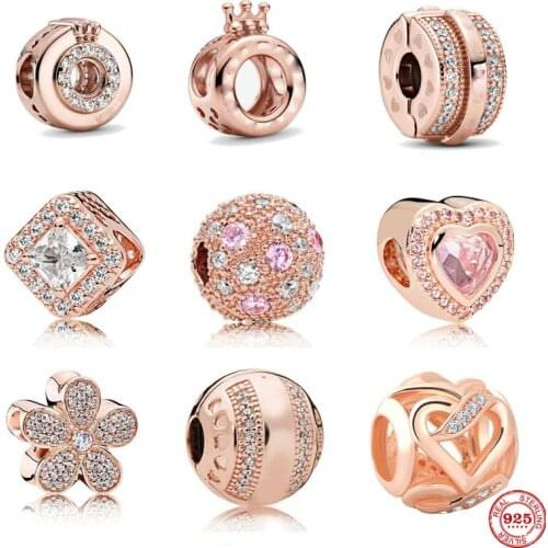 NEW pave daisy pink heart crown round clip safety DIY fine beads Fit Original Pandora Charms silver 925 Bracelet Jewelry women