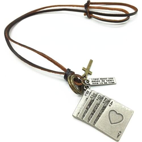 New Retro Long Brown Casual Genuine Leather Bronze Alloy Hoops Cross Coker Pendant Men Necklace Women Male Wholesale Jewelry