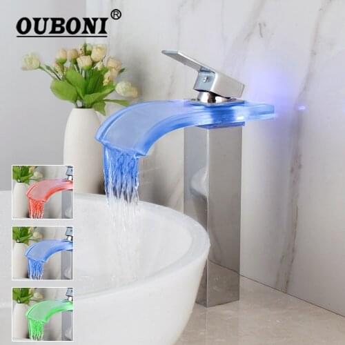 Waterfall Basin Luxury LED Light Bathroom Chrome No Need Battery Deck Mount Tap Single Handle Sink Torneira Mixer Faucet