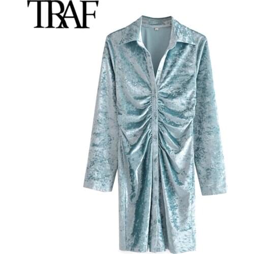 TRAF Women Chic Fashion Pleated Fitted Velvet Mini Dress Vintage Long Sleeve Button-up Female Dresses Vestidos Mujer