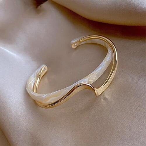Luxury White Shell Double Layer Metal Open Cuff Bangles Stainless Steel Smooth Gold Women Delicate Bracelet Jewelry