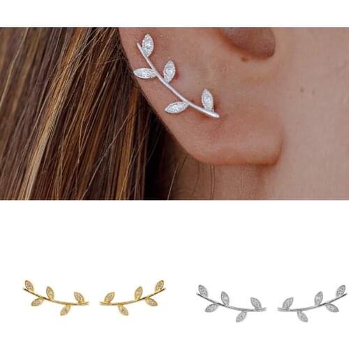 CRMYA New Leaf shape Simple Cubic Zirconia Gold Silver Plated Crawler ear Climber Earrings For Women Wedding Jewelry Gift