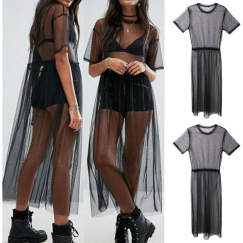 UK STOCK BOHO Festival Mesh Transparent See Though Long Black Cover Up Dress Hot
