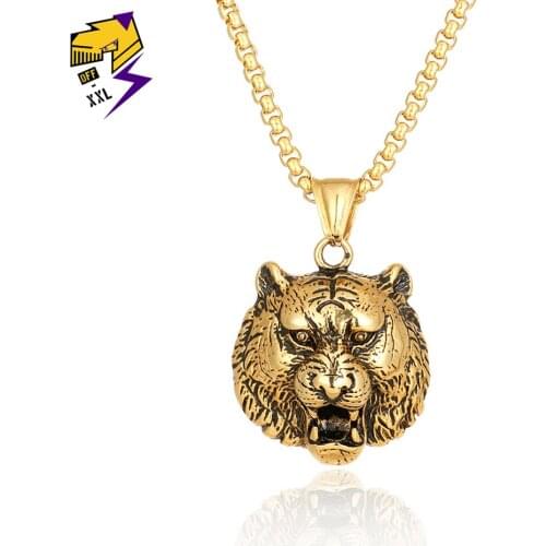 Punk Vintage Tiger Zodiac Necklace Mens Suspension Stainless Steel Chains Neck Chain Golden Animal Necklace Male Gothic Jewelry