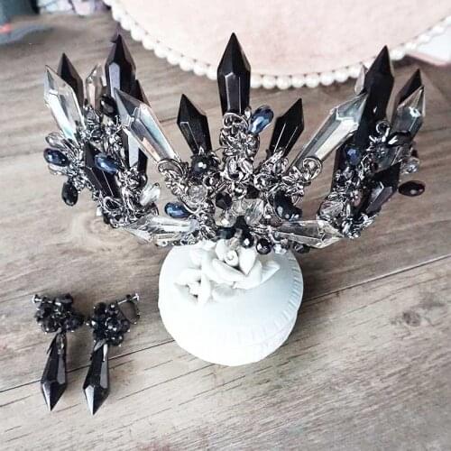 Vintage Baroque Black Crystal Crowns Oversize Queen Headband Tiaras Crown Wedding Headwear Hair Accessories Bridal Tiara