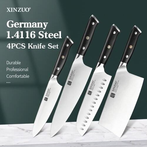 XINZUO 4PCS Sets Germany 1.4116 High Carbon Stainless Steel 5'' Utiliy 7'' Santoku Cleaver 8.5'' Chef Kitchen Knives Sets