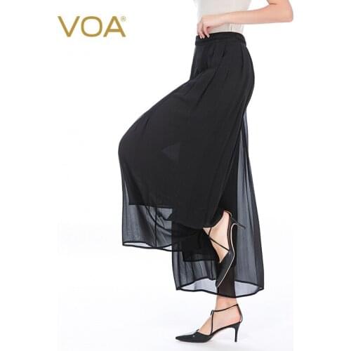 VOA Silk 12m/m Black Georgette Tuck Stitching Side Zipper Natural Waist Ladies Double Wide Leg Pants for Women Streetwear KE158