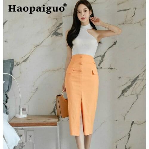 Plus Size 2019 Summer Modis Sexy Two Piece Set Halter White Knitted Blouse and Yellow Wrap Bodycon Skirt Women Casual 2 PCS