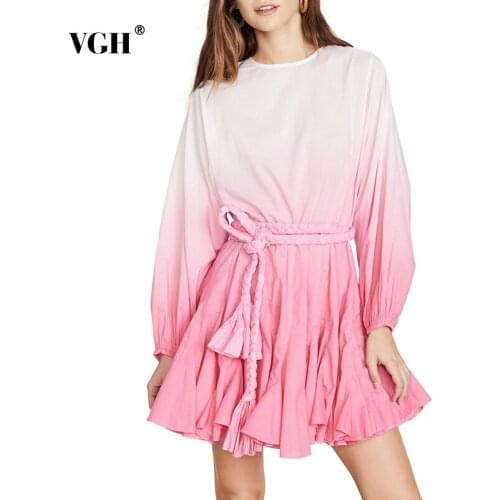 VGH Patchwork Hit Color Dress Female O Neck Lantern Sleeve High Waist Lace Up Bowknot Mini Dresses Women Clothes 2021 New Style