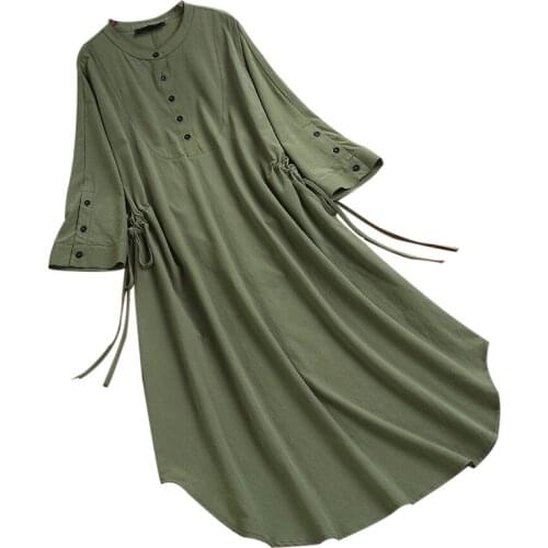Three Quarter Sleeve Spring Summer Women Dress Drawstring Slim Waist Solid Mid-Length Dresses 2021 New Plus Size Female Vestidos